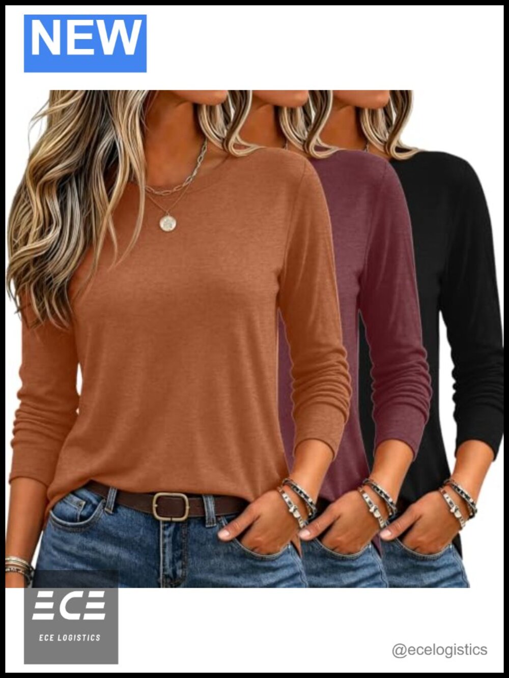 Women's Long Sleeve Crewneck T-Shirts 3 Pack Polyester Viscose Spandex Casual